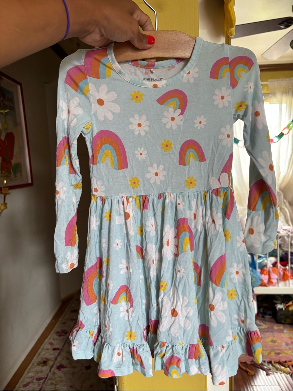 Posh Peanut Light Blue Rainbow & Daisy Print Long Sleeve Dress
